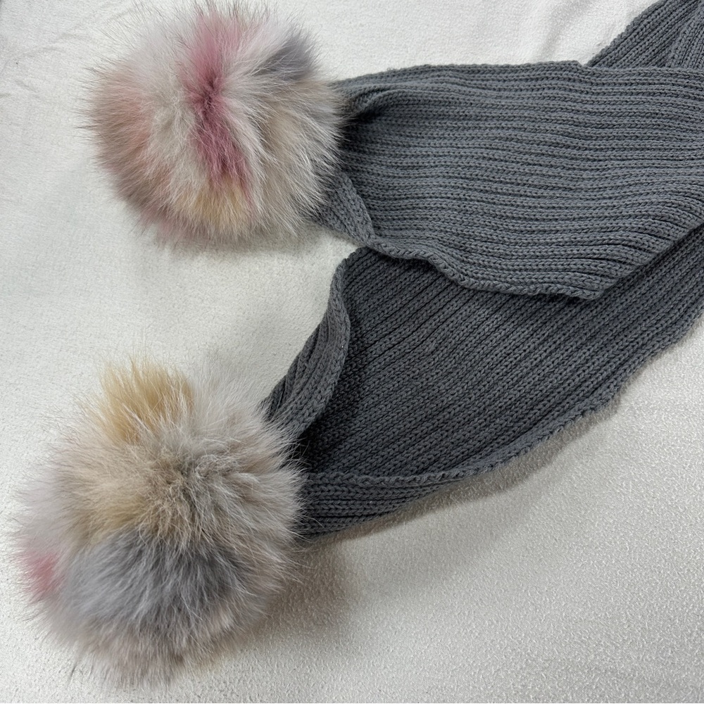 Jocelyn Charcoal Scarf with Faux Fur Pom Poms - Picture 7 of 10